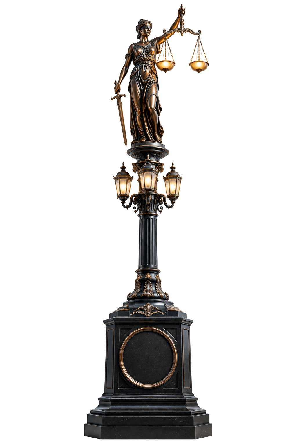 Bronze Lady Justice street lamp on a dark granite pedestal